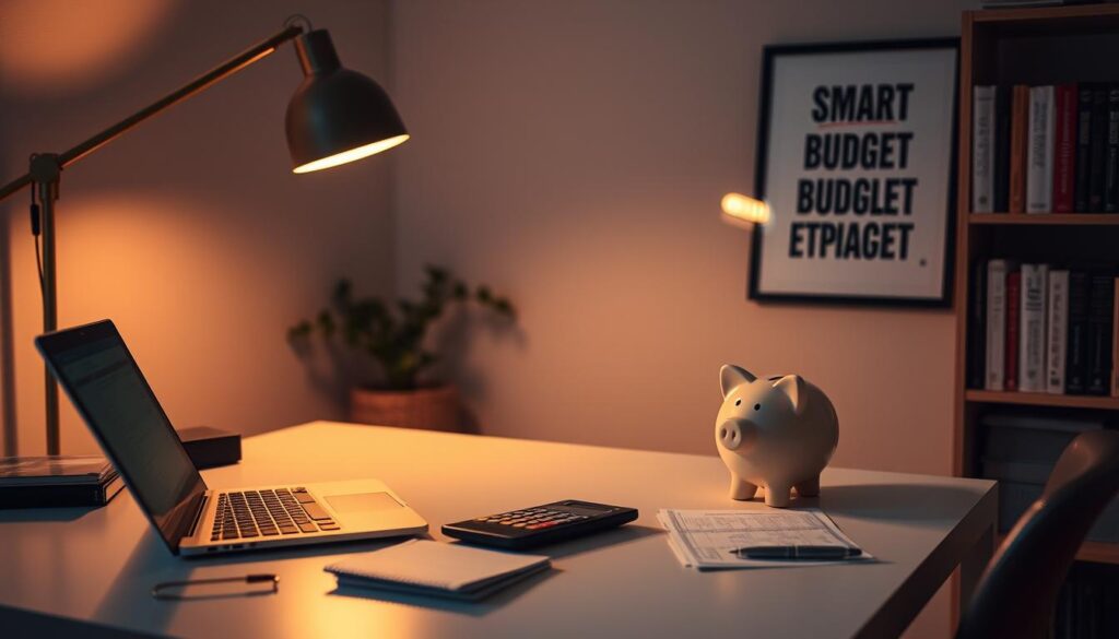 A cozy home office with a minimalist desk, neatly organized with a laptop, pen, and calculator. Warm, diffused lighting from a floor lamp casts a soft glow, creating an atmosphere of focused productivity. On the desk, a stack of bills and a piggy bank, symbolizing the challenge of reducing monthly expenses. In the background, a bookshelf filled with financial books and a framed artwork that evokes the idea of smart budgeting. The scene conveys a sense of determination and control over personal finances. A cozy home office with a minimalist desk, neatly organized with a laptop, pen, and calculator. Warm, diffused lighting from a floor lamp casts a soft glow, creating an atmosphere of focused productivity. On the desk, a stack of bills and a piggy bank, symbolizing the challenge of reducing monthly expenses. In the background, a bookshelf filled with financial books and a framed artwork that evokes the idea of smart budgeting. The scene conveys a sense of determination and control over personal finances.