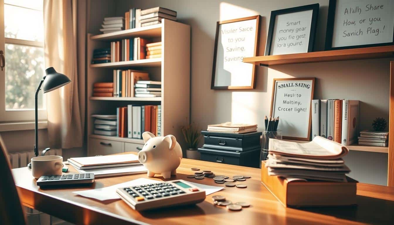 A cozy home office with an organized desk and shelves, featuring smart money-saving strategies. Sunlight streams through a window, casting warm hues on the scene. On the desk, a piggy bank, a calculator, and carefully sorted bills and coins. Shelves display financial books, a vision board, and framed reminders of savings goals. The atmosphere conveys a sense of financial control and intentionality. The overall composition highlights the small, practical steps one can take to boost their budget and secure their financial future.