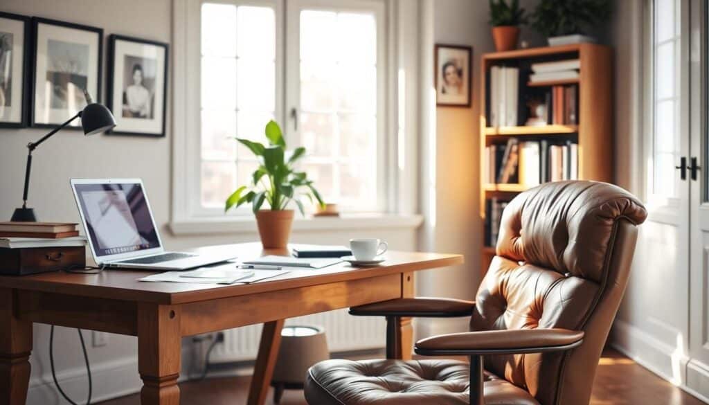 A cozy, sunlit home office with a wooden desk, a potted plant, and a bookshelf in the background. On the desk, a laptop, a cup of coffee, and several financial documents are neatly arranged. The walls are adorned with framed artwork, creating a sense of warmth and productivity. A well-worn leather chair invites the viewer to sit and delve into the intricacies of behavioral finance, exploring the habits and decision-making processes that lead to smart financial outcomes. Soft, natural lighting filters through large windows, casting a gentle glow on the scene and evoking a sense of focus and clarity.