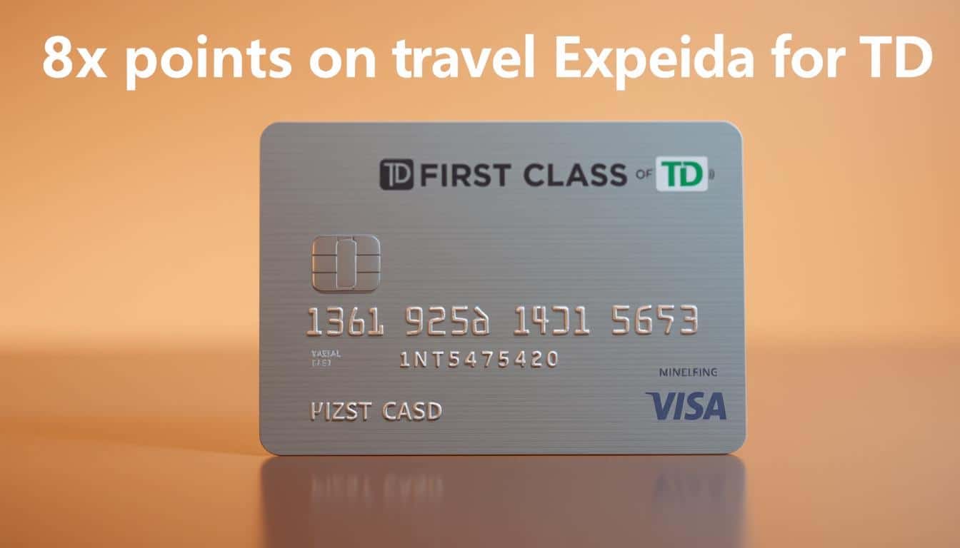 A crisp, clean image of a premium credit card against a softly blurred background. The card is rendered in metallic silver, with the TD First Class Visa Infinite logo prominently displayed. The card's surface reflects light subtly, giving it a luxurious, high-quality feel. The background is a muted, warm-toned gradient, placing the focus squarely on the card itself. The lighting is natural and diffused, creating a sense of elegance and sophistication. The overall composition is balanced and visually appealing, capturing the essence of the "8x points on travel via Expedia for TD" offering.