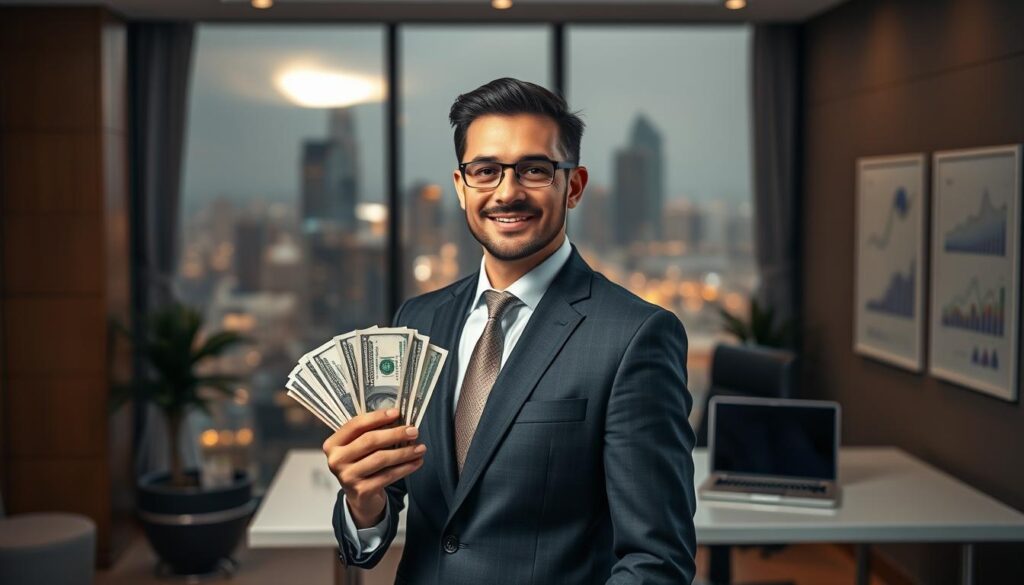 A crisp, well-lit scene of a person standing in an elegant office, dressed in a sharp suit, holding a stack of dollar bills. Behind them, a sleek, modern desk with a laptop and financial charts on the wall. The lighting is warm and inviting, casting a soft glow on the subject's face, conveying a sense of confidence and financial success. The background is blurred, but hints at a bustling cityscape outside the window, suggesting growth and opportunity. The overall atmosphere is one of prosperity, growth, and the successful pursuit of increasing one's income and wealth. A crisp, well-lit scene of a person standing in an elegant office, dressed in a sharp suit, holding a stack of dollar bills. Behind them, a sleek, modern desk with a laptop and financial charts on the wall. The lighting is warm and inviting, casting a soft glow on the subject's face, conveying a sense of confidence and financial success. The background is blurred, but hints at a bustling cityscape outside the window, suggesting growth and opportunity. The overall atmosphere is one of prosperity, growth, and the successful pursuit of increasing one's income and wealth.