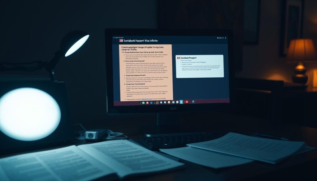 A dimly lit home office setting, with a desktop computer, a Scotiabank Passport Visa Infinite credit card, and various documents and paperwork spread out on the desk. The computer screen displays troubleshooting steps and error messages related to the Scotiabank Passport application process. Soft, warm lighting illuminates the scene, creating a focused and contemplative atmosphere. The background is slightly blurred, directing the viewer's attention to the foreground elements. The overall composition suggests a thoughtful, problem-solving scenario, capturing the essence of the "Common application pitfalls and troubleshooting tips" section.