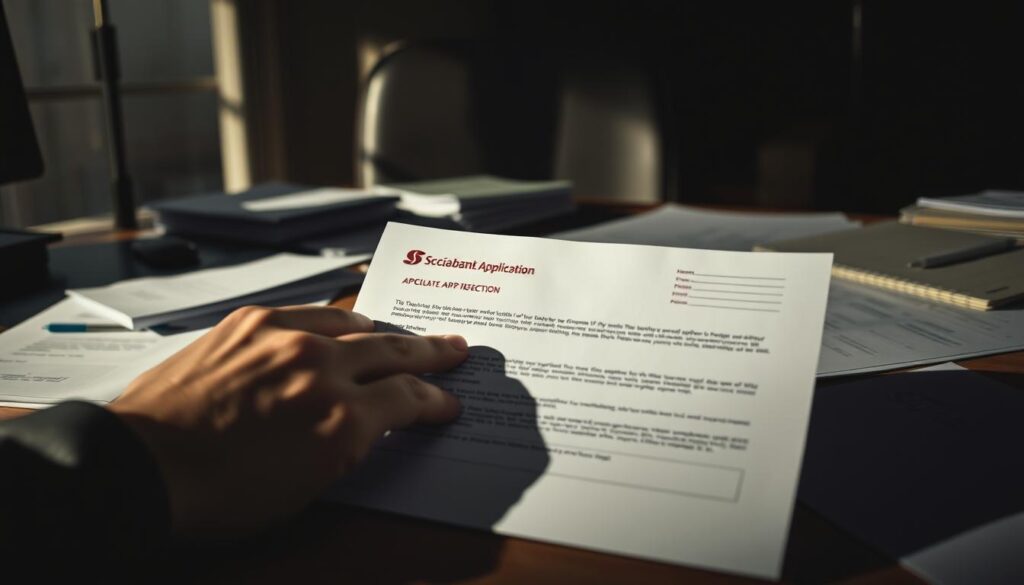 A dimly lit office interior, the desk is cluttered with scattered documents and a rejected Scotiabank application form prominently displayed. The lighting casts dramatic shadows, creating a somber and dejected atmosphere. The image captures the disappointment and frustration of a financial setback, with the applicant's hand resting on the rejection letter, contemplating their next steps. The scene is captured from a slightly elevated angle, giving a sense of the applicant's emotional state. The background is slightly blurred, keeping the focus on the application and the applicant's reaction.