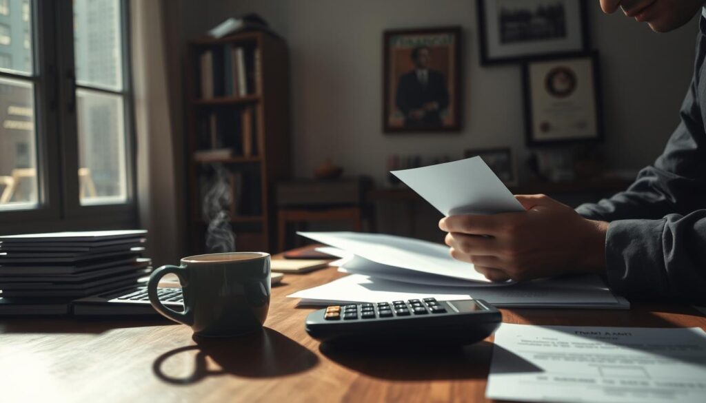 A dimly lit office scene, featuring a wooden desk adorned with neatly stacked financial documents, a calculator, and a cup of steaming coffee. In the foreground, a person's hands are carefully reviewing the documents, their face hidden in shadows. Soft natural light filters in through a window, casting a warm glow across the scene. In the background, a bookshelf filled with financial books and a framed certificate or award hang on the wall, hinting at the individual's expertise and dedication to their financial well-being. The overall atmosphere conveys a sense of focus, discipline, and a commitment to mastering one's financial habits.