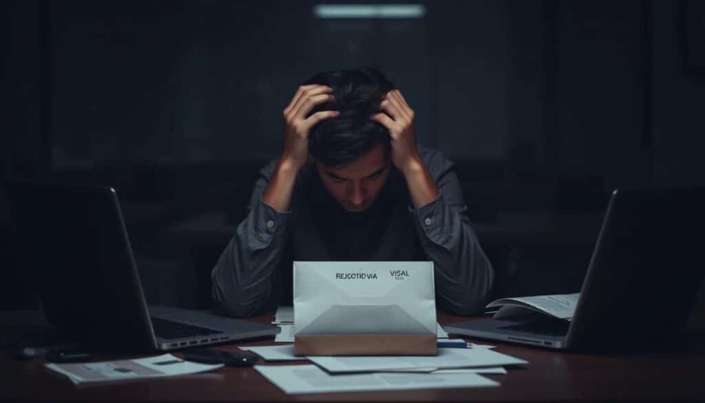 A dimly lit office setting with a frustrated individual sitting at a desk, their head in their hands. The desk is cluttered with documents, a laptop, and a partially opened envelope, suggesting a rejected visa application. The lighting is muted, creating a somber and tense atmosphere. The background is blurred, emphasizing the figure's dejected posture. The scene conveys a sense of disappointment and the challenges faced during the visa application process.