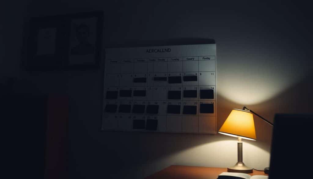 A dimly lit office space, with a calendar prominently displayed on the wall. The calendar pages are blacked out, representing "blackout dates" - periods when Aeroplan rewards are unavailable or limited. The room is shrouded in a somber, muted palette, casting a sense of disappointment and restriction. A warm desk lamp casts soft, directional lighting, drawing the eye to the calendar. The angle is slightly elevated, as if from the perspective of someone seated at the desk, contemplating the limitations of the rewards program. The overall atmosphere evokes the frustration and inconvenience associated with blackout dates.