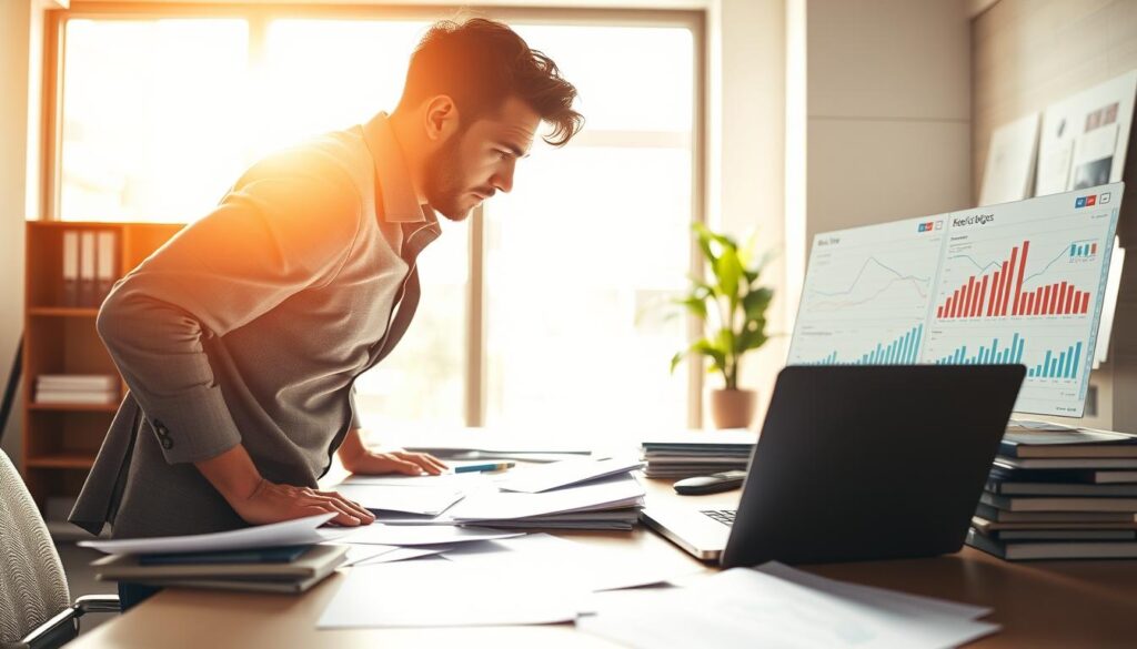 A dynamic office scene with a focused professional standing in a sunlit workspace, papers and documents scattered across the desk, a laptop open displaying financial charts and graphs. Warm lighting illuminates the space, conveying a sense of productivity and determination. The figure's posture and facial expression suggest deep concentration on maximizing income through strategic career moves and lucrative side projects. Subtle elements in the background, such as a bookshelf or potted plant, add depth and a touch of sophistication to the scene.
