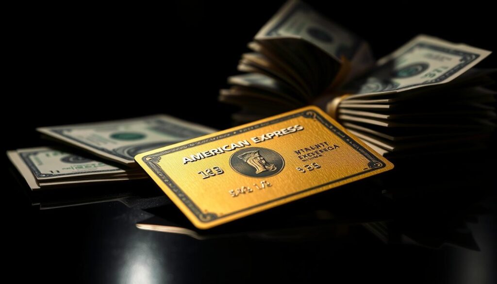 A high-contrast, cinematic close-up of a gold American Express card and a pile of cash on a sleek, reflective surface. The Amex card is the focal point, its metallic edges gleaming under dramatic studio lighting, casting sharp shadows. The cash, in various denominations, is scattered around it, creating a sense of comparison and choice. The background is a deep, inky black, emphasizing the luxurious and premium feel of the Amex card. The overall mood is one of sophistication, exclusivity, and the weighing of financial options.