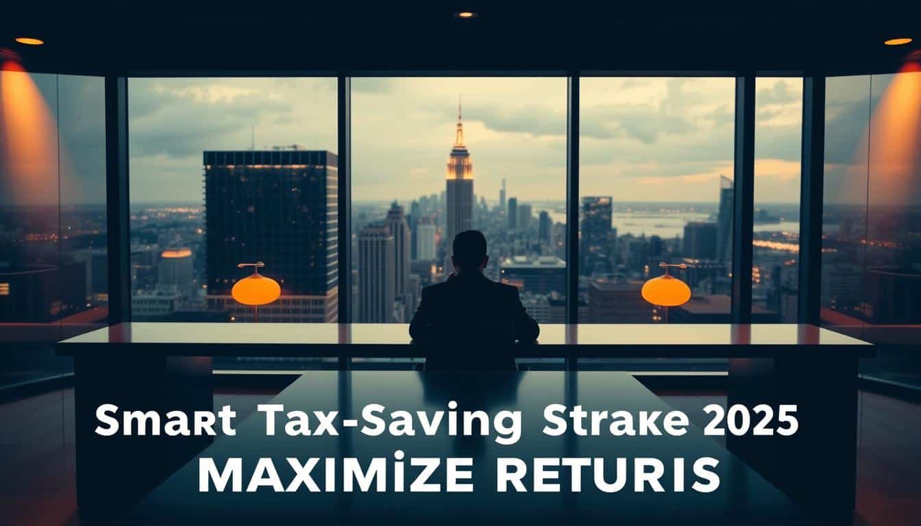 A high-contrast, cinematic image showcasing smart tax-saving strategies for 2025. In the foreground, a person sits at a sleek, minimalist desk, intently studying financial documents. Behind them, a large window offers a panoramic view of a bustling cityscape, symbolizing the importance of maximizing returns. The lighting is dramatic, with warm tones illuminating the desk and cooler hues in the background, creating a sense of depth and focus. The overall composition conveys a mood of thoughtful contemplation and strategic planning, perfectly reflecting the theme of "Smart Tax-Saving Strategies for 2025 | Maximize Returns."
