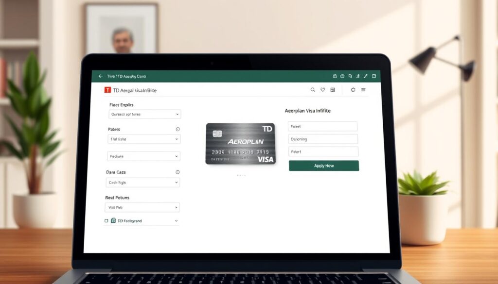 A high-resolution, detailed digital illustration of a modern online application interface for the TD Aeroplan Visa Infinite credit card. The foreground features a laptop screen displaying the card application form, with neatly organized input fields, dropdown menus, and an "Apply Now" button. The middle ground shows the card itself, positioned at a slight angle, with its elegant metallic design and the Aeroplan logo prominently displayed. The background depicts a clean, minimalist office setting with a desk, potted plant, and warm lighting creating a professional, aspirational atmosphere. Realistic textures, subtle shadows, and a balanced color palette contribute to the overall polished, inviting aesthetic.