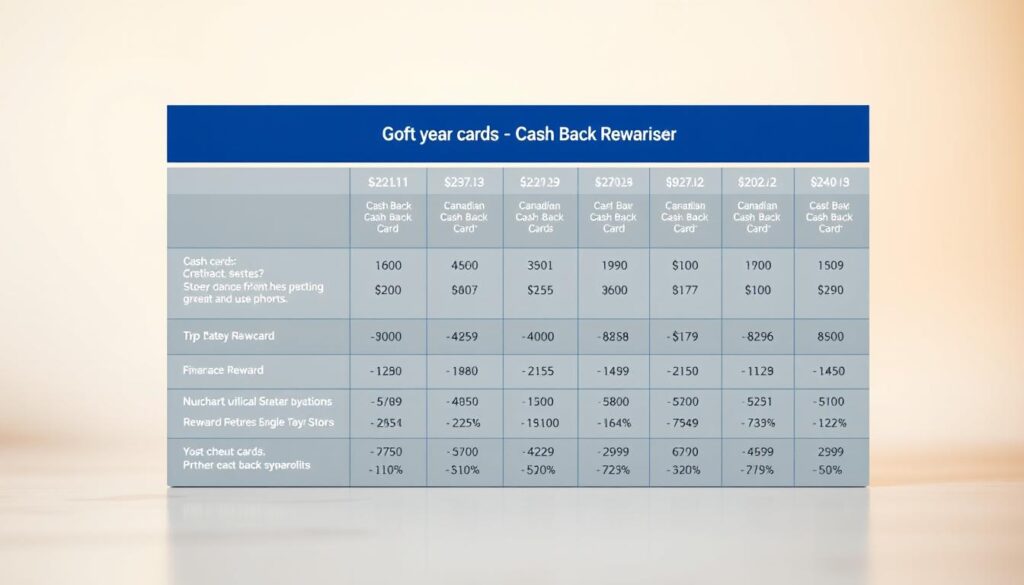 A high-resolution, detailed image of a credit card comparison table, showcasing various Canadian cash back cards. The table is set against a clean, minimalist background, with soft lighting and a warm, inviting color palette. The cards are prominently displayed, with their key features and reward rates clearly visible. The overall composition is balanced and visually appealing, drawing the viewer's attention to the important details. The image conveys a sense of professionalism and financial expertise, supporting the subject of the article.