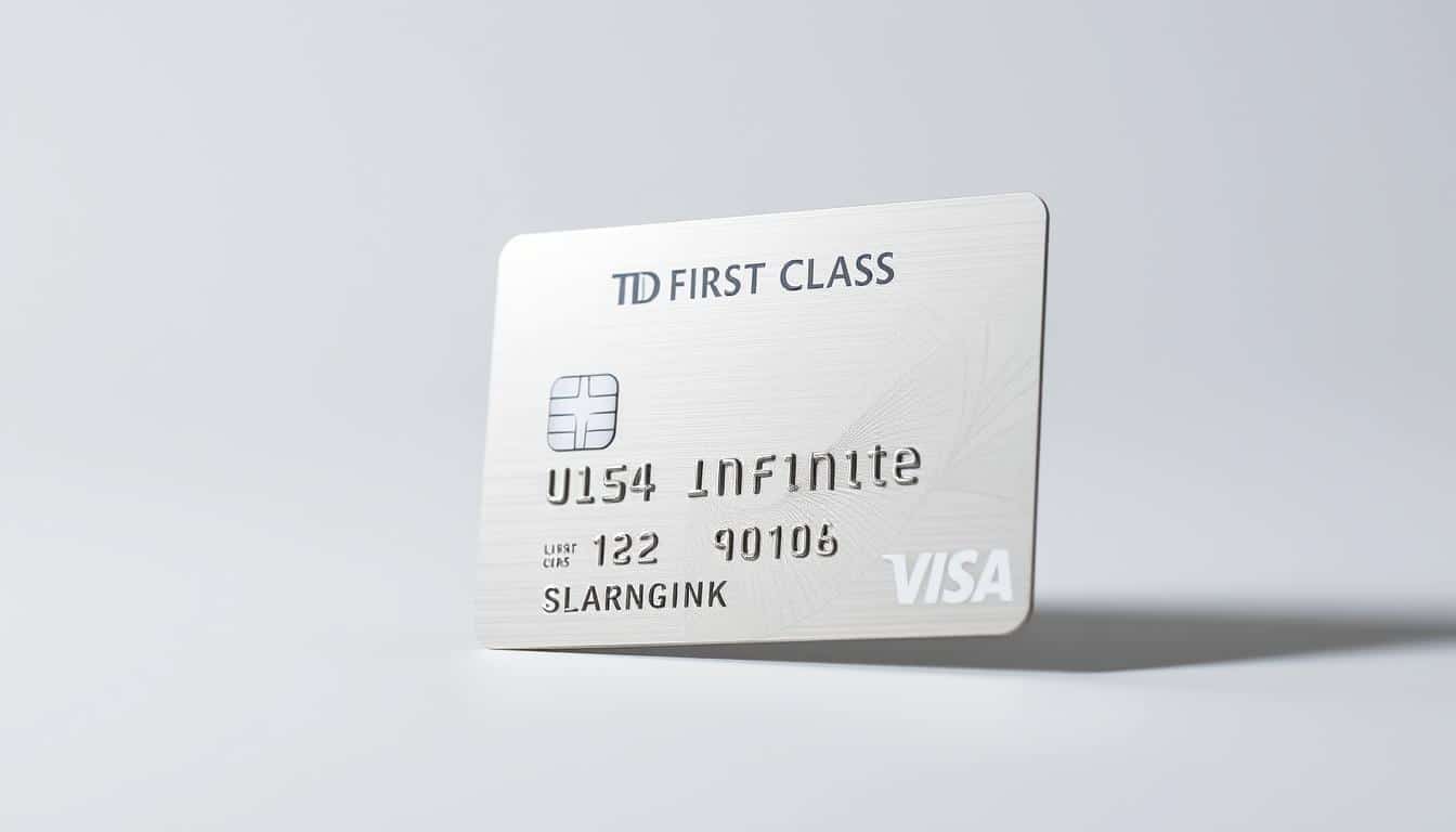 A high-resolution, detailed image of the TD First Class Visa Infinite credit card. The card is shown in the center of the frame, with a clean, white background. The card is displayed at an angle, showcasing its sleek, metallic design and the intricate embossed patterns on its surface. The lighting is soft and directional, highlighting the card's premium textures and reflective qualities. The composition emphasizes the card's size, weight, and overall luxurious aesthetic, conveying a sense of exclusivity and prestige associated with this high-end financial product.