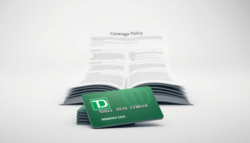 A high-resolution, photorealistic image of TD Cash Back insurance in a modern, minimalist style. In the foreground, a stack of credit cards with the TD logo and "Cash Back" text prominently displayed. The middle ground shows a meticulously detailed insurance policy document, its pages open to reveal the coverage details. The background features a clean, white studio setup with soft, even lighting, creating a sense of professionalism and trust. The overall composition conveys the secure and reliable nature of the TD Cash Back insurance benefits.