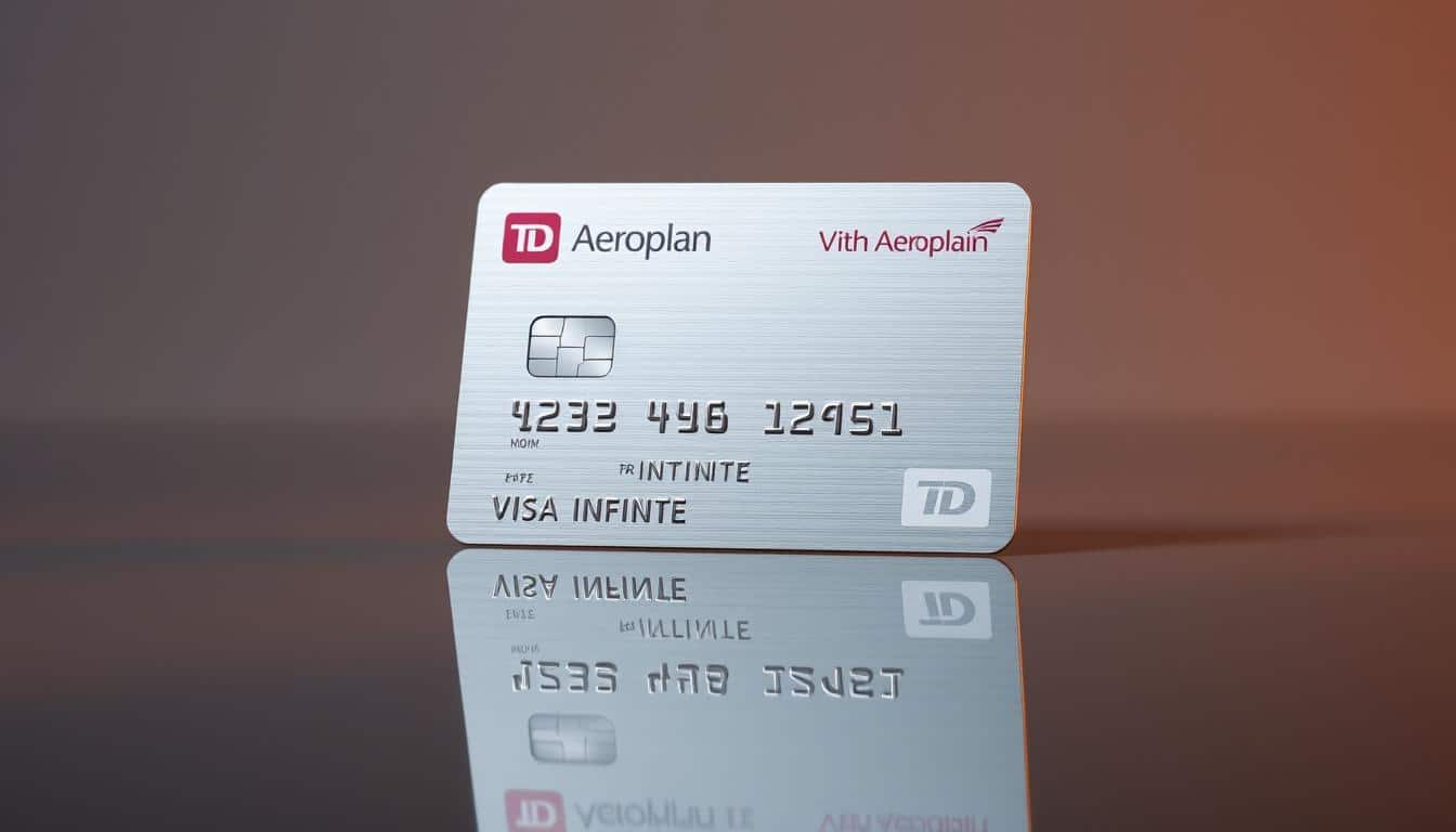 A high-resolution, photorealistic image of a TD Aeroplan Visa Infinite Card, captured from a slightly low angle with soft, warm lighting. The card is placed on a reflective, mirrored surface, creating a sense of depth and elegance. The design features the distinct Aeroplan and TD logos, along with the card's metallic texture and sleek, minimalist aesthetic. The background is a simple, neutral gray that allows the card to take center stage, showcasing its premium and sophisticated appearance. The overall composition is balanced and visually striking, effectively highlighting the card's key features and inviting the viewer to learn more about how to apply for it.