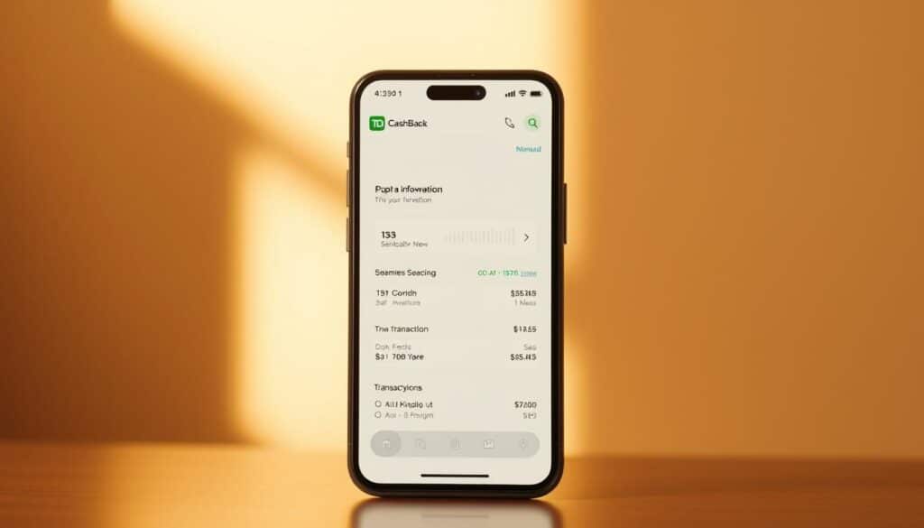 A high-resolution, photorealistic rendering of the TD mobile app interface, displayed on a modern smartphone device. The app screen showcases intuitive navigation, clear account information, and seamless transaction tracking, reflecting the practical functionality of managing a TD Cash Back Visa Infinite* Card. The device is set against a minimalist, slightly blurred background, bathed in warm, natural lighting to convey a sense of simplicity and ease of use. The overall composition emphasizes the app's user-friendly design and the convenience of card management, aligning with the article's section on managing the TD Cash Back Visa Infinite* Card after approval.