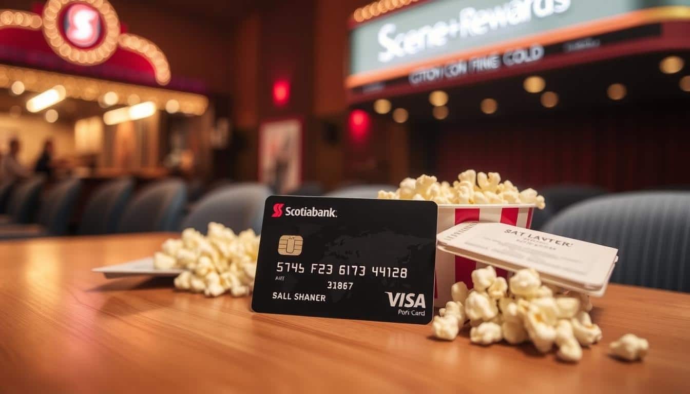 A modern and stylish Scotiabank Scene+ Visa credit card resting on a wooden table, with a movie ticket and popcorn in the foreground. The card is backlit by a warm, cinematic lighting, creating a cozy and inviting atmosphere. In the background, a blurred movie theater marquee with the words "Scene+ Rewards" is visible, hinting at the card's movie-related benefits. The overall composition suggests the card's association with movie and dining experiences, capturing the essence of the "Scotiabank Scene+ Visa – Points on movies and dining" section.