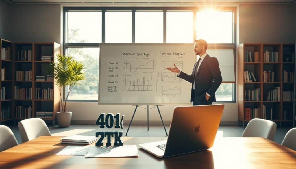 A modern, clean-lined office interior, well-lit by warm natural light streaming through large windows. In the foreground, a desk with a laptop, papers, and a stylized 401(k) icon. The middle ground features a financial advisor in a suit, gesturing towards a whiteboard displaying retirement savings strategies. In the background, bookshelves and framed financial charts create a professional, authoritative atmosphere. The overall mood is one of financial expertise, careful planning, and a secure financial future. A modern, clean-lined office interior, well-lit by warm natural light streaming through large windows. In the foreground, a desk with a laptop, papers, and a stylized 401(k) icon. The middle ground features a financial advisor in a suit, gesturing towards a whiteboard displaying retirement savings strategies. In the background, bookshelves and framed financial charts create a professional, authoritative atmosphere. The overall mood is one of financial expertise, careful planning, and a secure financial future.