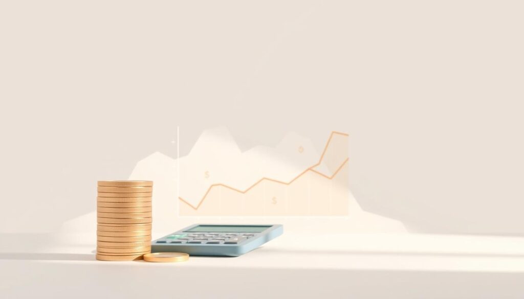 A modern, minimalist illustration of financial literacy for beginners. In the foreground, a stack of coins and a calculator, symbolizing budgeting and investment decisions. In the middle ground, a graph charting financial growth, with simple, intuitive icons representing different investment vehicles. The background features a clean, geometric landscape of shapes and lines, conveying the structured, organized nature of investing. Soft, diffused lighting creates a calming, approachable atmosphere, inviting the viewer to engage with the concepts of personal finance. The overall composition strikes a balance between informative clarity and visual elegance.