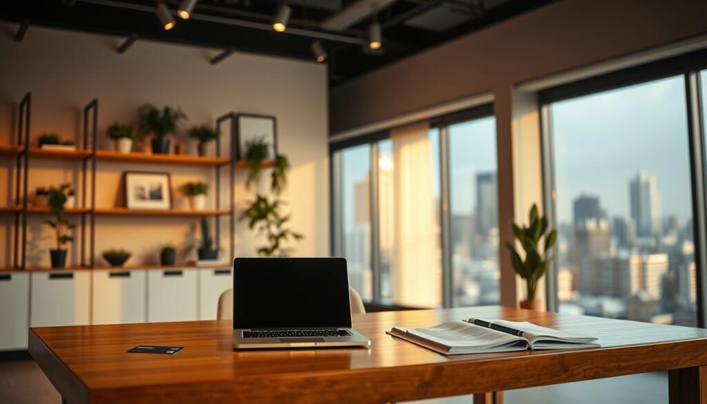 A modern, minimalist office interior with warm lighting and clean lines. In the foreground, a wooden desk displays a laptop, a few neatly arranged documents, and a scene+ visa card. In the middle ground, a large window overlooking a bustling city skyline casts a soft, natural glow. The background features shelves with plants and framed artwork, conveying a professional yet inviting atmosphere. The overall mood is one of efficiency, organization, and attention to detail, reflecting the practical considerations of visa fees and cost analysis.