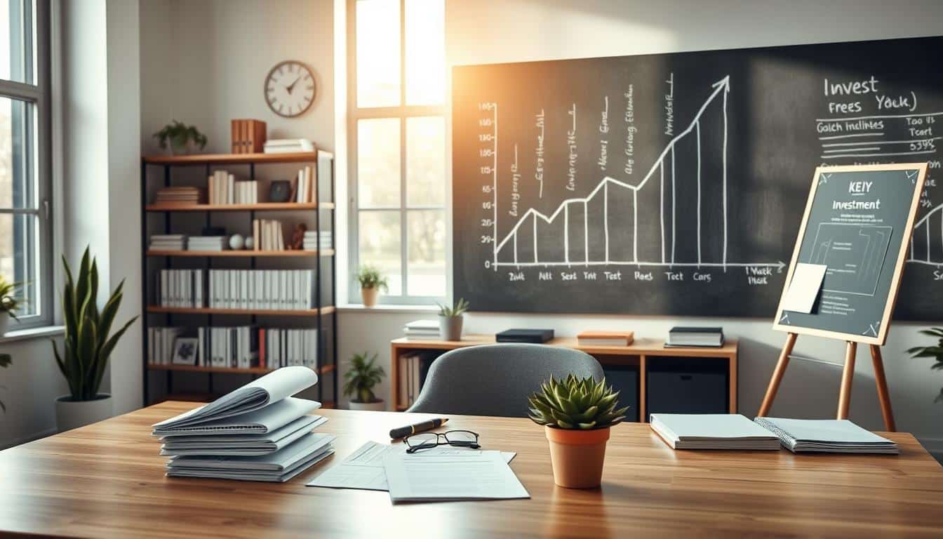 A modern office setting with a clean, minimalist aesthetic. Soft natural lighting filters through large windows, casting a warm glow on the space. In the foreground, a wooden desk displays various financial documents, a laptop, and a potted succulent plant. The middle ground showcases neatly organized shelves filled with investment-related books and portfolios. In the background, a large chalkboard displays an abstract financial graph, highlighting key investment strategies. The overall mood is one of organization, focus, and thoughtful financial planning.