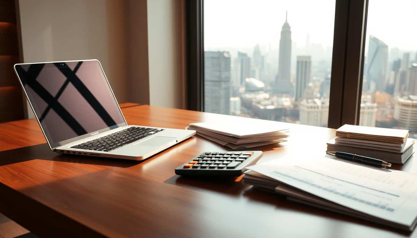 A neatly organized desk with a laptop, calculator, and stack of financial documents. Warm, natural lighting illuminates the workspace, creating a sense of focus and productivity. In the background, a window overlooking a bustling city skyline, symbolizing the interconnectedness of personal finances and the broader economic landscape. Subtle geometric patterns and clean lines evoke a modern, sophisticated aesthetic. The scene conveys a balanced, organized, and secure approach to personal finance management.