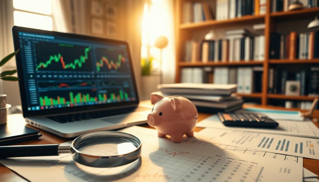 A neatly organized desktop with various financial documents, investment charts, and a laptop displaying stock market analytics. The scene is illuminated by warm, natural lighting from a nearby window, casting a soft glow on the carefully curated items. In the foreground, a magnifying glass hovers over investment reports, symbolizing the attention to detail required for successful investing. The middle ground features a piggy bank and a calculator, representing the importance of budgeting and financial planning. In the background, a bookshelf filled with finance-related literature suggests a dedication to continuous learning. The overall atmosphere conveys a sense of focus, diligence, and a commitment to building wealth through prudent investing.