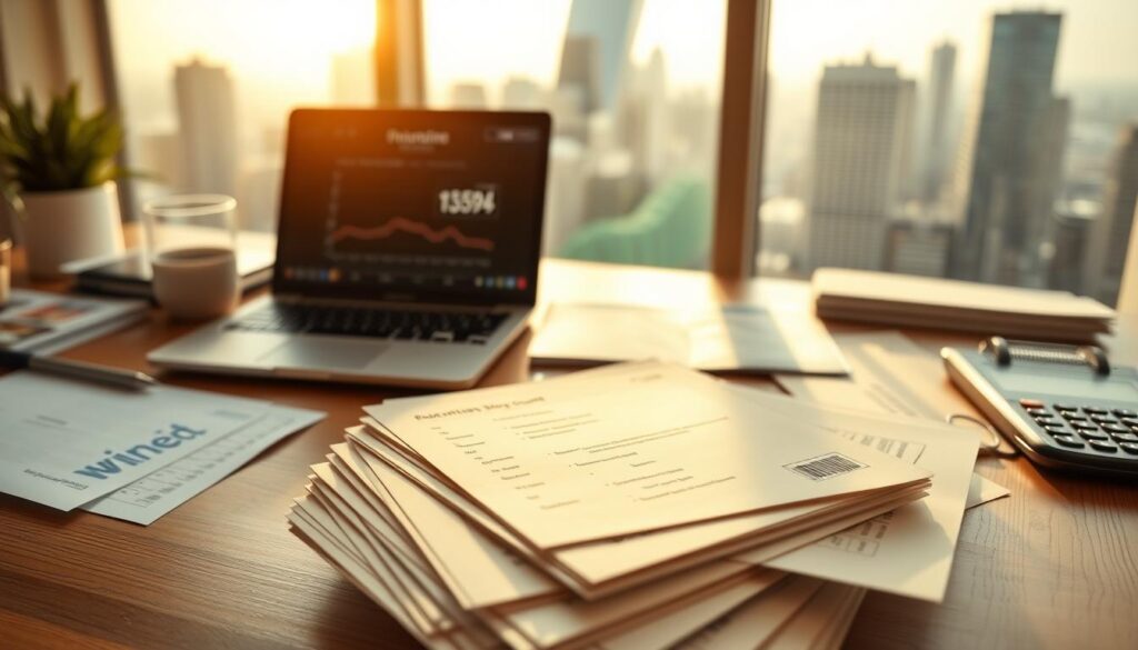 A neatly organized workspace with a laptop, calculator, and various financial documents, all bathed in warm, natural light streaming through a large window. In the foreground, a stack of high-yield savings account statements, their crisp, clean design inviting the viewer to explore their wealth-building potential. The middle ground features a digital display showcasing the steady growth of a savings account balance, while the background depicts a cityscape of towering skyscrapers, symbolizing the financial power and security that a well-managed savings strategy can provide. A neatly organized workspace with a laptop, calculator, and various financial documents, all bathed in warm, natural light streaming through a large window. In the foreground, a stack of high-yield savings account statements, their crisp, clean design inviting the viewer to explore their wealth-building potential. The middle ground features a digital display showcasing the steady growth of a savings account balance, while the background depicts a cityscape of towering skyscrapers, symbolizing the financial power and security that a well-managed savings strategy can provide.