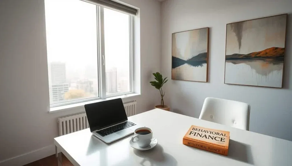 A peaceful, minimalist office interior with a large window overlooking a calm, sun-dappled cityscape. On the desk, a laptop, a cup of coffee, and a book titled "Behavioral Finance". The walls are adorned with abstract paintings in muted tones, evoking a sense of contemplation and introspection. The lighting is soft and diffused, creating a serene atmosphere. The camera angle is slightly elevated, giving a bird's-eye view of the scene, emphasizing the thoughtful and analytical nature of the subject matter.