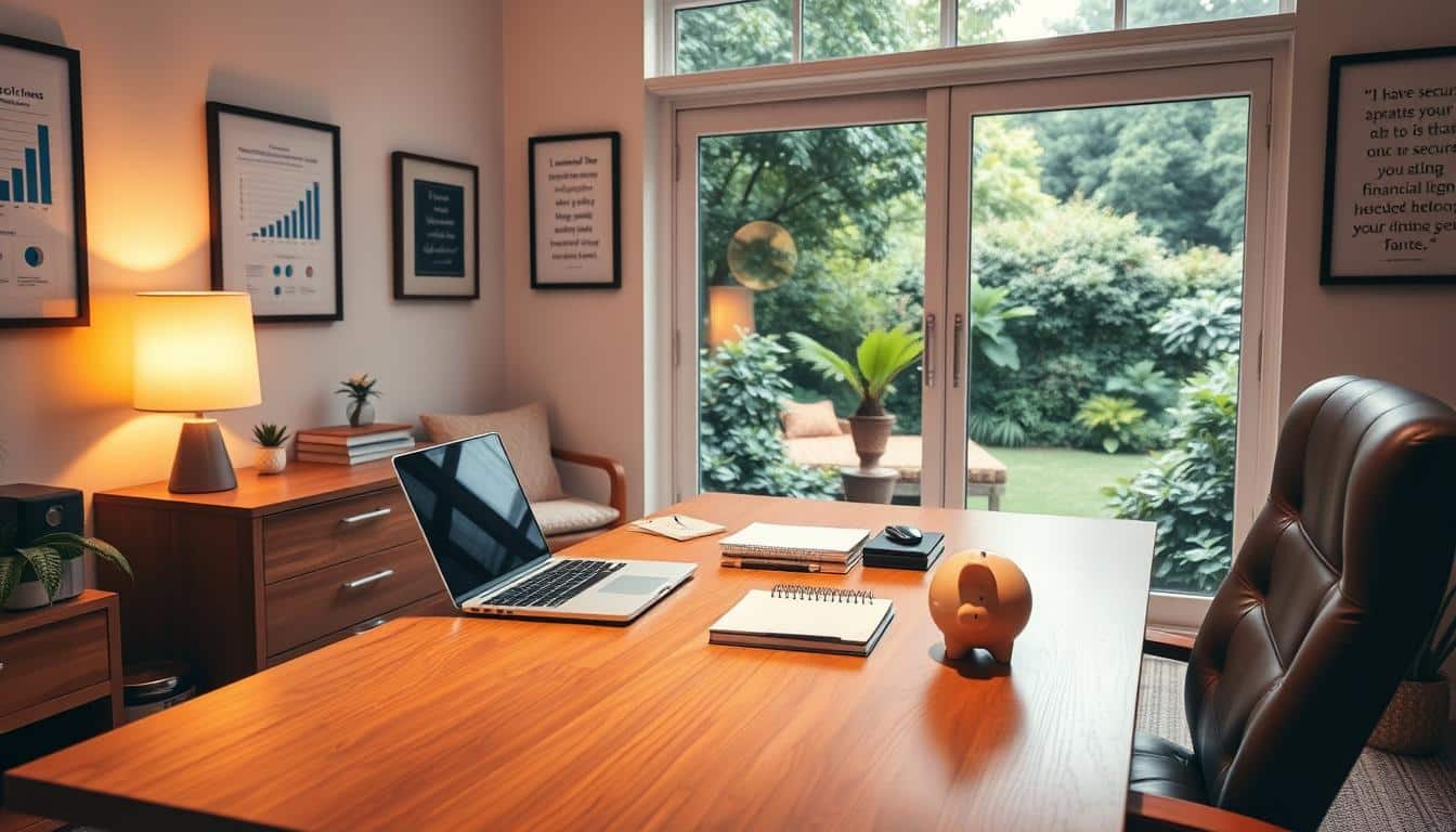 A peaceful, well-organized home office with a polished oak desk, a comfortable leather chair, and a large window overlooking a lush garden. On the desk, a laptop, a planner, and a piggy bank sit neatly arranged. Warm, diffused lighting from a mid-century modern lamp casts a soft glow, creating a sense of security and financial stability. The walls are adorned with framed financial charts and inspiring quotes about financial planning. A sense of calm and control permeates the scene, reflecting the secure financial future envisioned.