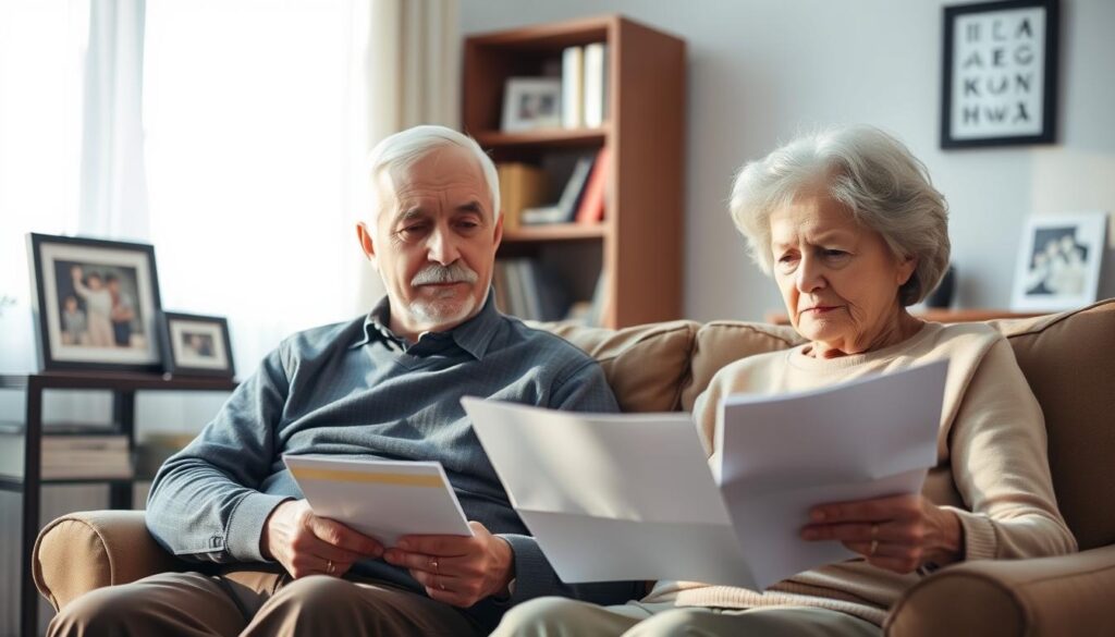A pensive elderly couple sits in a comfortable armchair, their expressions tinged with concern as they review financial documents. The living room is softly lit, casting warm shadows that suggest a cozy, introspective atmosphere. In the background, a bookshelf and a framed family photo hint at a lifetime of memories and responsibilities. The couple's posture conveys the weight of their healthcare and long-term care planning, yet their body language also suggests a sense of determination to secure their golden years. A muted color palette, with earthy tones and gentle highlights, evokes a mood of thoughtful deliberation and cautious optimism. A pensive elderly couple sits in a comfortable armchair, their expressions tinged with concern as they review financial documents. The living room is softly lit, casting warm shadows that suggest a cozy, introspective atmosphere. In the background, a bookshelf and a framed family photo hint at a lifetime of memories and responsibilities. The couple's posture conveys the weight of their healthcare and long-term care planning, yet their body language also suggests a sense of determination to secure their golden years. A muted color palette, with earthy tones and gentle highlights, evokes a mood of thoughtful deliberation and cautious optimism.