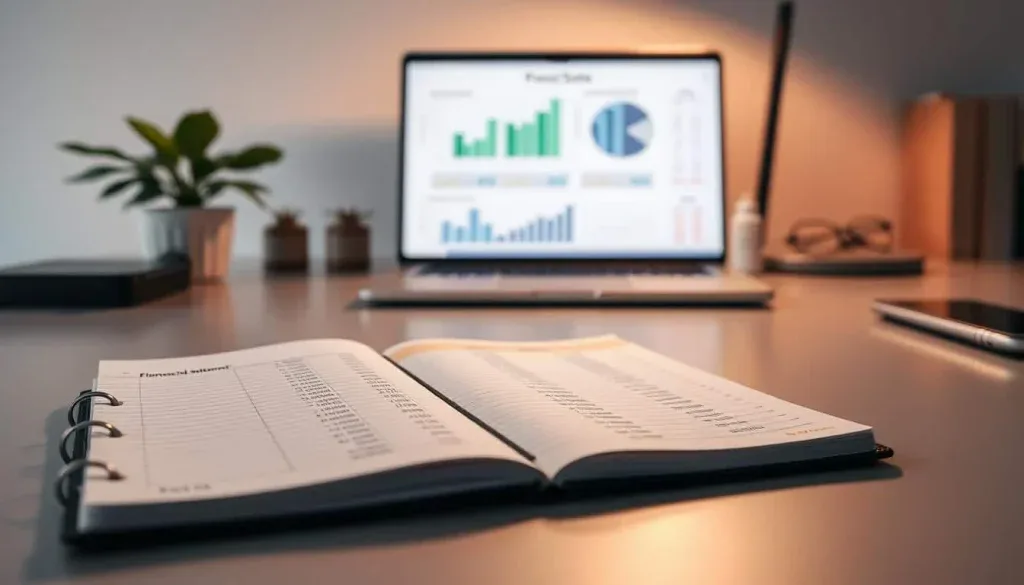 A personal financial statement displayed on a sleek, minimalist desktop workspace. In the foreground, a ledger with neatly organized columns and figures, casting soft shadows across the matte surface. Behind it, a laptop screen displaying graphs and charts, illuminated by a warm, directional light source. In the background, a tasteful plant and a few carefully placed office accessories create a sense of order and professionalism. The overall mood is one of focused productivity, with a subtle tone of financial security and stability.