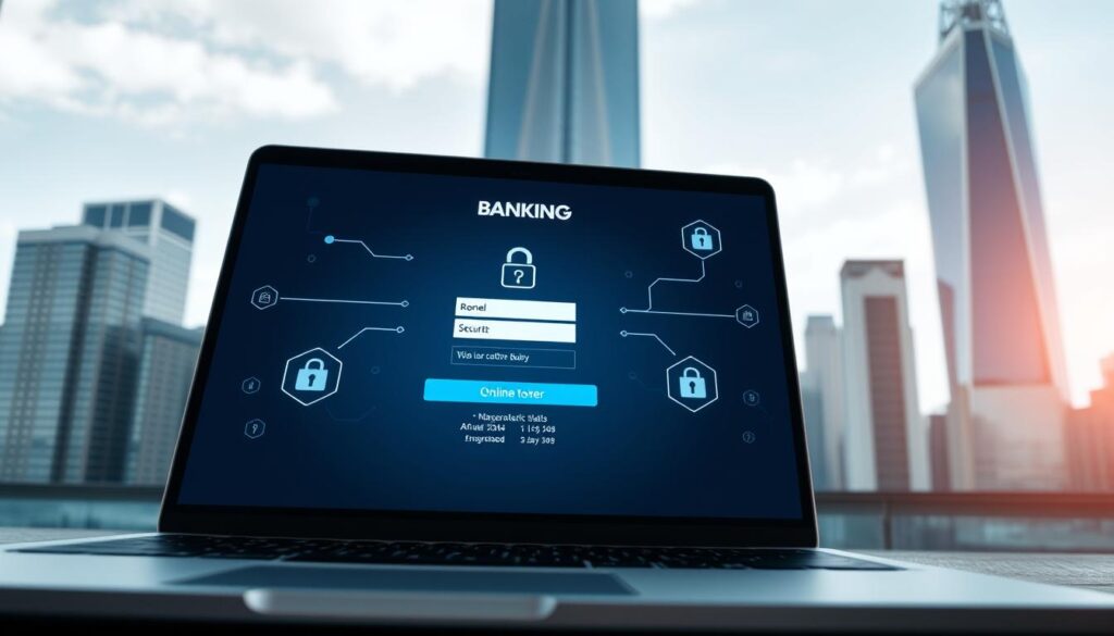 A secure online banking interface with a sleek, modern design. In the foreground, a laptop screen displays a login page with a two-factor authentication prompt, symbolizing robust security measures. The middle ground features a padlock icon, encrypted data streams, and security tokens, conveying the technological safeguards in place. The background showcases a cityscape with skyscrapers, reflecting the digital landscape where online banking thrives. Soft, directional lighting casts a professional, trustworthy atmosphere, while the camera angle provides a dynamic, eye-level perspective to engage the viewer. The overall scene communicates the importance of comprehensive online financial security in the digital age. A secure online banking interface with a sleek, modern design. In the foreground, a laptop screen displays a login page with a two-factor authentication prompt, symbolizing robust security measures. The middle ground features a padlock icon, encrypted data streams, and security tokens, conveying the technological safeguards in place. The background showcases a cityscape with skyscrapers, reflecting the digital landscape where online banking thrives. Soft, directional lighting casts a professional, trustworthy atmosphere, while the camera angle provides a dynamic, eye-level perspective to engage the viewer. The overall scene communicates the importance of comprehensive online financial security in the digital age.