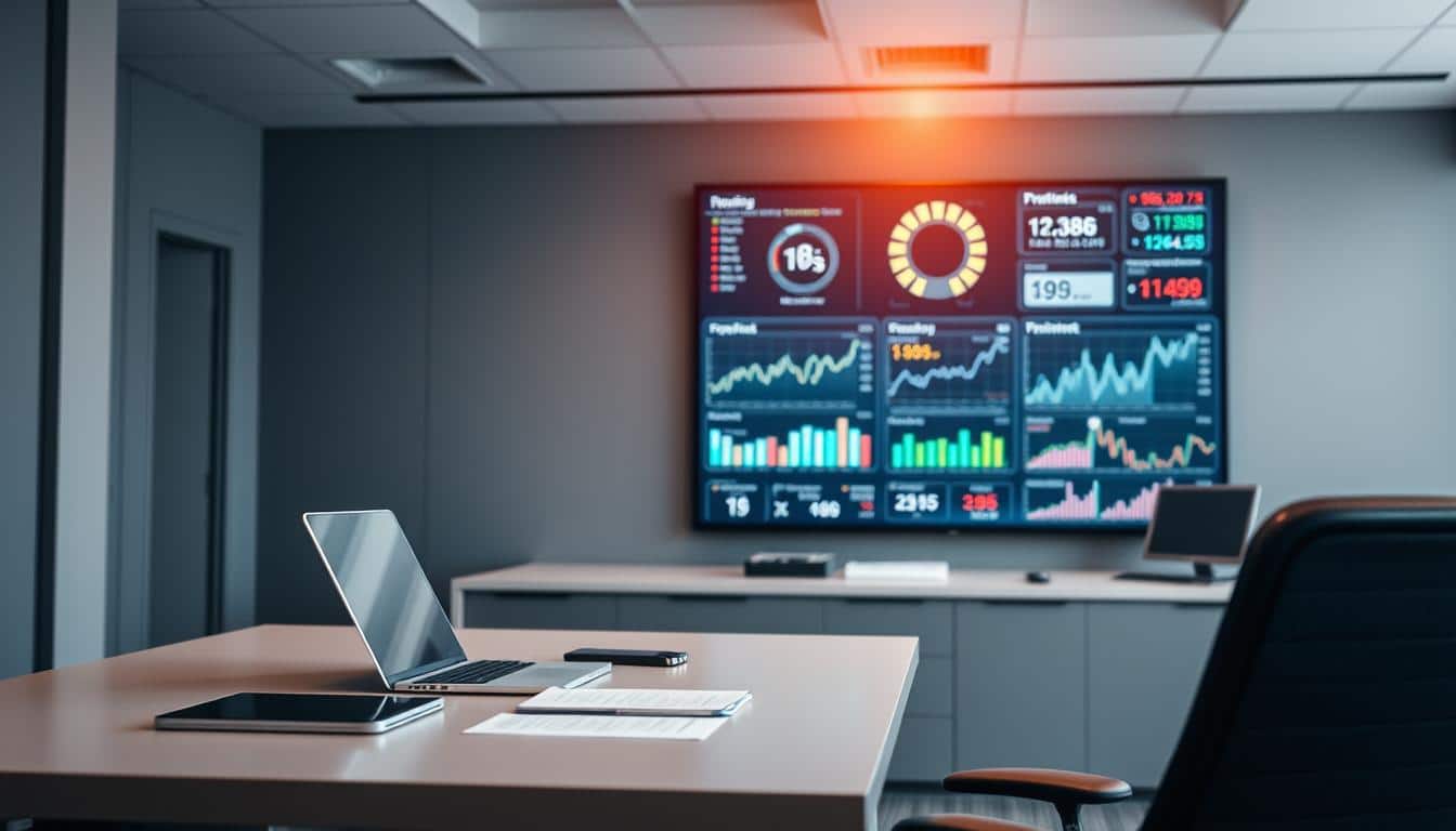 A secure, well-organized financial control room. In the foreground, a desk with a sleek, minimalist design features a laptop, a tablet, and a few carefully arranged documents. Soft, warm lighting from overhead casts a soothing glow, creating a sense of professionalism and focus. In the middle ground, a large wall-mounted display showcases a real-time dashboard of financial data, charts, and security indicators, all meticulously monitored. The background is a modern, high-tech environment with subtle grey tones, clean lines, and a sense of technological sophistication. The overall atmosphere conveys a feeling of control, security, and responsible money management.