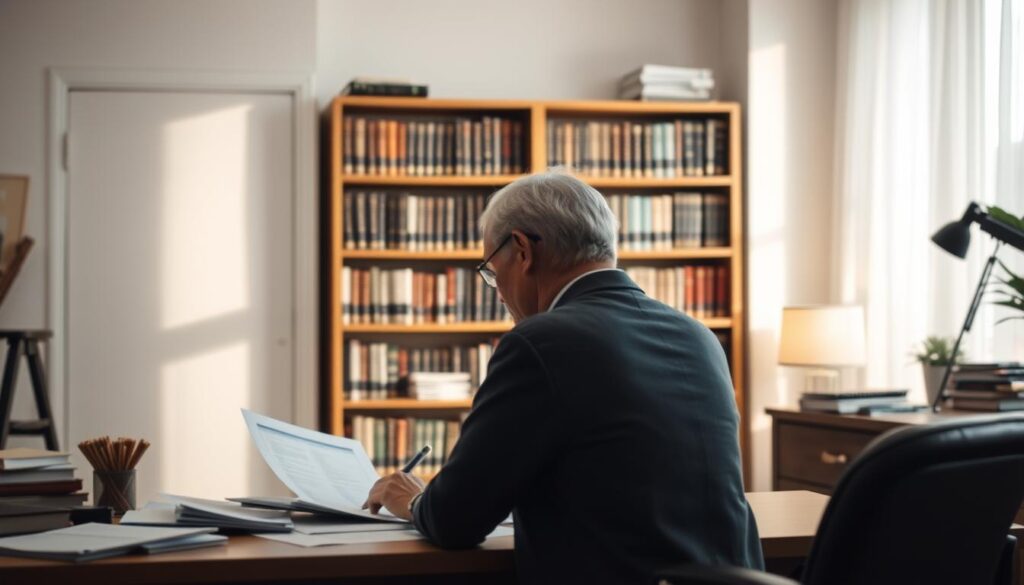 A serene and contemplative scene of retirement tax planning. In the foreground, a person sits at a desk, meticulously reviewing financial documents. Soft, natural lighting illuminates the scene, creating a warm and thoughtful atmosphere. In the middle ground, bookshelves filled with financial and tax-related volumes suggest the depth of knowledge required for effective retirement planning. The background is subtly blurred, hinting at the complexities and uncertainties of the future, yet conveying a sense of security and control through the careful management of one's financial affairs. The overall composition evokes a sense of quiet confidence and long-term financial security. A serene and contemplative scene of retirement tax planning. In the foreground, a person sits at a desk, meticulously reviewing financial documents. Soft, natural lighting illuminates the scene, creating a warm and thoughtful atmosphere. In the middle ground, bookshelves filled with financial and tax-related volumes suggest the depth of knowledge required for effective retirement planning. The background is subtly blurred, hinting at the complexities and uncertainties of the future, yet conveying a sense of security and control through the careful management of one's financial affairs. The overall composition evokes a sense of quiet confidence and long-term financial security.