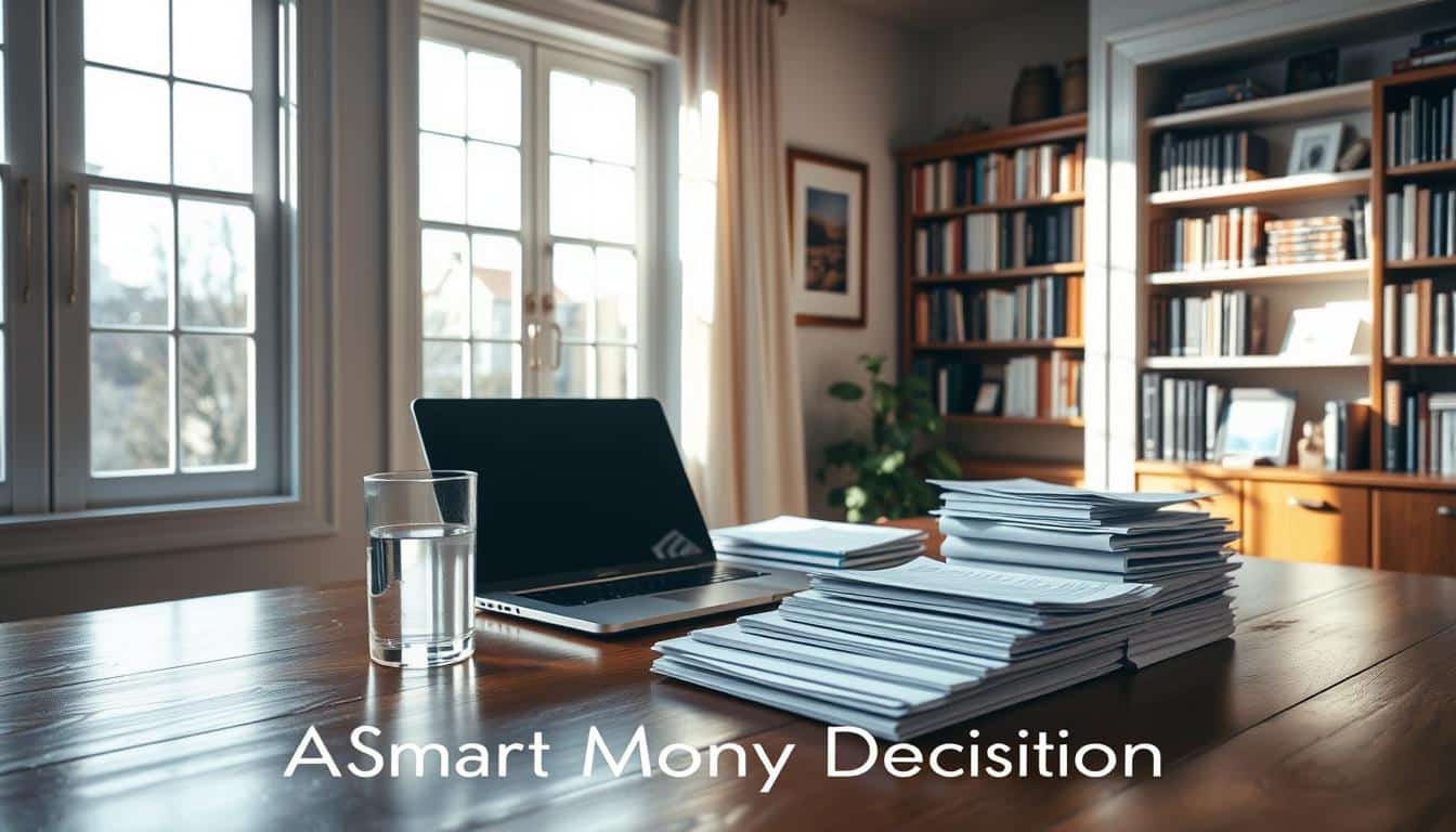A serene home office with natural light streaming through large windows, casting a warm glow on a wooden desk. On the desk, a laptop, a glass of water, and a stack of neatly organized financial documents. In the background, framed artwork and a bookshelf filled with finance-related books. The room conveys a sense of order, focus, and thoughtful decision-making, reflecting the "Smart Money Decisions" concept.
