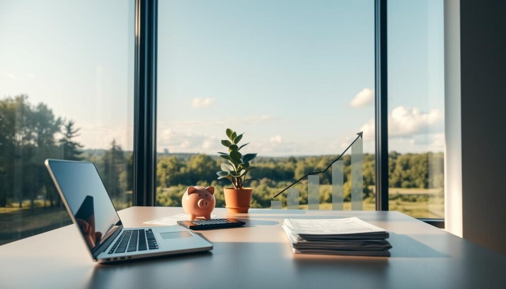 A serene, minimalist office interior with a large window overlooking a lush, verdant landscape. In the foreground, a sleek, modern desk with a laptop and a stack of financial documents. On the desk, a piggy bank and a calculator symbolize responsible financial management. The middle ground features a potted plant and a stylized chart depicting a downward trend, representing the reduction of debt. Warm, natural lighting illuminates the scene, creating a calming and focused atmosphere. The background showcases a tranquil outdoor setting, with soft clouds drifting across the sky, conveying a sense of balance and serenity.