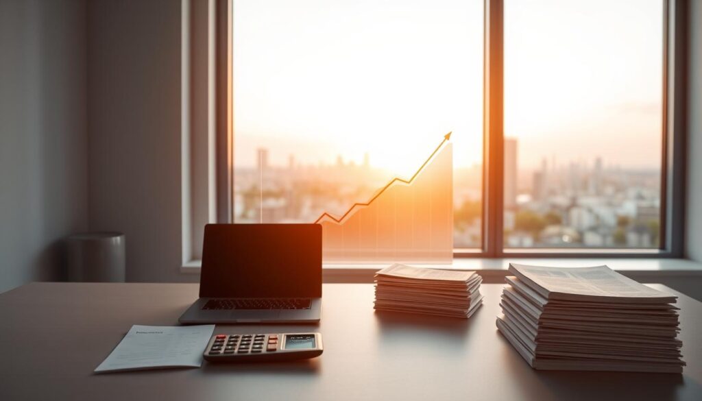 A serene, minimalist scene depicting the fundamentals of investing. In the foreground, a sleek, modern desk with a laptop, calculator, and neatly stacked financial documents. The middle ground showcases a growth chart against a muted color palette, highlighting the steady progress of wealth accumulation over time. In the background, a large window overlooks a tranquil cityscape, bathed in warm, golden light, symbolizing the long-term rewards of prudent financial planning. The overall atmosphere conveys a sense of focus, discipline, and the quiet confidence of building a secure financial future. A serene, minimalist scene depicting the fundamentals of investing. In the foreground, a sleek, modern desk with a laptop, calculator, and neatly stacked financial documents. The middle ground showcases a growth chart against a muted color palette, highlighting the steady progress of wealth accumulation over time. In the background, a large window overlooks a tranquil cityscape, bathed in warm, golden light, symbolizing the long-term rewards of prudent financial planning. The overall atmosphere conveys a sense of focus, discipline, and the quiet confidence of building a secure financial future.