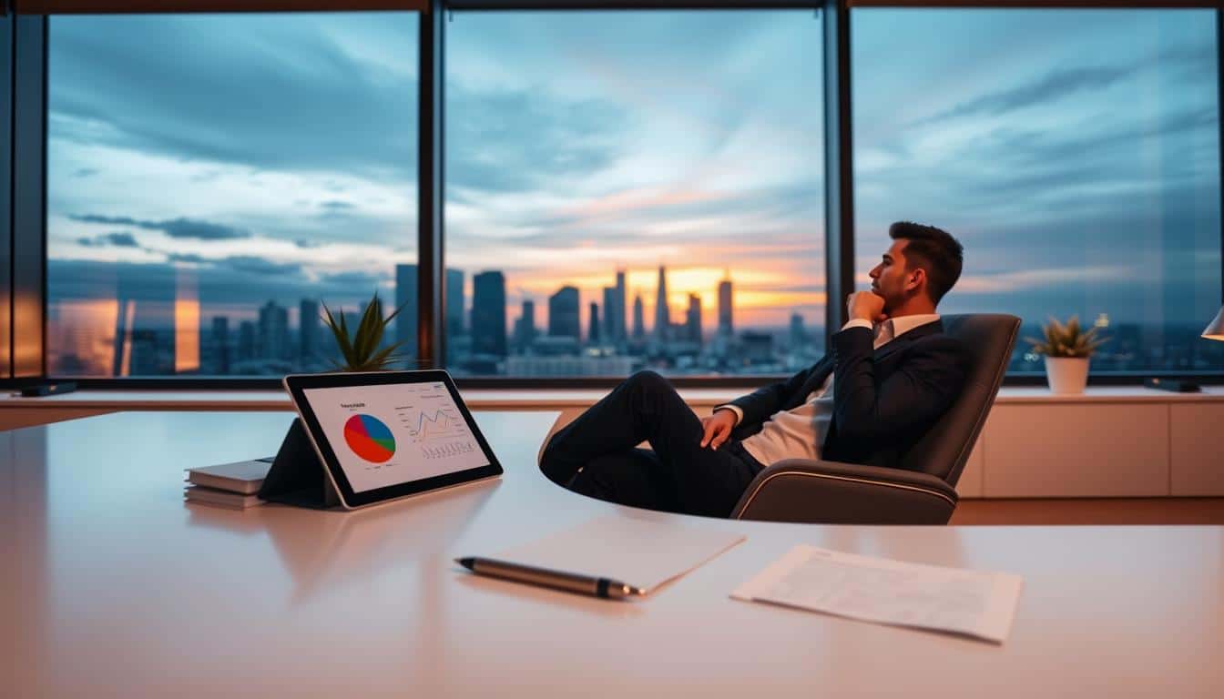 A serene, modern office space with a large window overlooking a city skyline at sunset. On a sleek, minimalist desk, a tablet displays a pie chart and financial data, surrounded by a stack of documents, a pen, and a potted plant. The lighting is soft and warm, creating a contemplative atmosphere. In the foreground, a well-dressed professional sits in a comfortable chair, deep in thought as they plan for their financial future. The overall scene conveys a sense of security, organization, and careful consideration of one's long-term financial well-being.