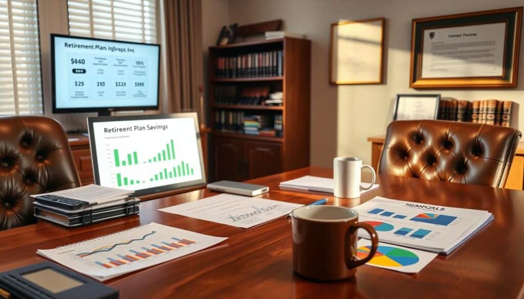 A serene office setting, with a wooden desk and leather chairs, bathed in warm, natural lighting. On the desk, a stack of financial documents, a calculator, and a coffee mug. In the foreground, a series of colorful graphs and pie charts depicting retirement accounts, investment strategies, and tax-advantaged savings. The middle ground features a computer monitor displaying retirement plan options, while the background showcases a bookshelf filled with financial planning guides and a framed diploma, suggesting a professional, knowledgeable environment. The overall atmosphere conveys a sense of security, thoughtfulness, and financial responsibility. A serene office setting, with a wooden desk and leather chairs, bathed in warm, natural lighting. On the desk, a stack of financial documents, a calculator, and a coffee mug. In the foreground, a series of colorful graphs and pie charts depicting retirement accounts, investment strategies, and tax-advantaged savings. The middle ground features a computer monitor displaying retirement plan options, while the background showcases a bookshelf filled with financial planning guides and a framed diploma, suggesting a professional, knowledgeable environment. The overall atmosphere conveys a sense of security, thoughtfulness, and financial responsibility.