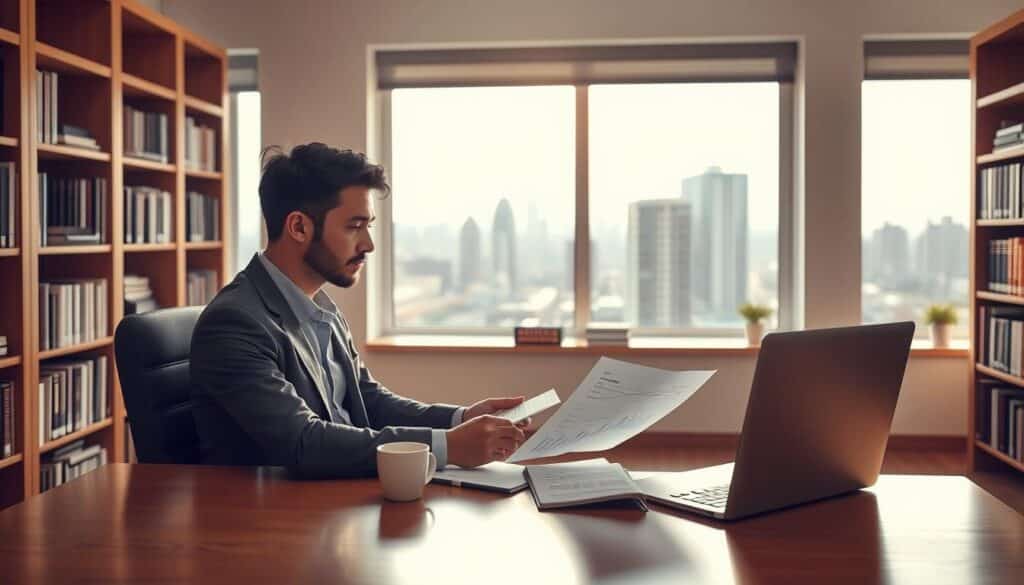 A serene office space with a large window overlooking a cityscape. A beginner investor, dressed in professional attire, sits at a clean wooden desk, intently studying financial reports and charts. The lighting is warm and natural, casting a soft glow on the scene. On the desk, a laptop, a cup of coffee, and a notebook filled with notes and calculations. Bookshelves line the walls, suggesting a wealth of financial knowledge. The atmosphere is one of focus, contemplation, and the excitement of embarking on a new investment journey. A serene office space with a large window overlooking a cityscape. A beginner investor, dressed in professional attire, sits at a clean wooden desk, intently studying financial reports and charts. The lighting is warm and natural, casting a soft glow on the scene. On the desk, a laptop, a cup of coffee, and a notebook filled with notes and calculations. Bookshelves line the walls, suggesting a wealth of financial knowledge. The atmosphere is one of focus, contemplation, and the excitement of embarking on a new investment journey.