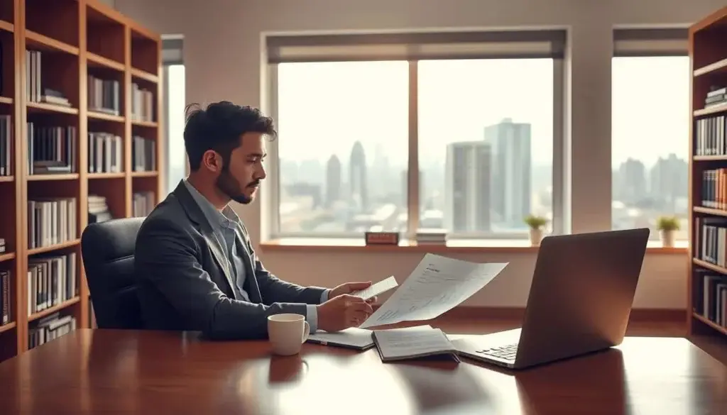 A serene office space with a large window overlooking a cityscape. A beginner investor, dressed in professional attire, sits at a clean wooden desk, intently studying financial reports and charts. The lighting is warm and natural, casting a soft glow on the scene. On the desk, a laptop, a cup of coffee, and a notebook filled with notes and calculations. Bookshelves line the walls, suggesting a wealth of financial knowledge. The atmosphere is one of focus, contemplation, and the excitement of embarking on a new investment journey.