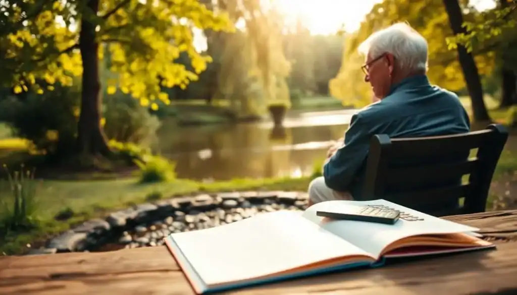 A serene retirement scene with a senior couple sitting on a park bench, surrounded by lush greenery and a tranquil lake. The pair are engaged in a thoughtful discussion, their facial expressions conveying a sense of financial security and peace of mind. In the foreground, an open journal and calculator suggest the careful planning and calculations involved in their retirement savings. The middle ground features a gentle stream with pebbles, creating a calming auditory element. Warm, natural lighting filters through the trees, casting a soft, golden glow on the scene. The overall atmosphere evokes a harmonious blend of financial responsibility and personal fulfillment in their golden years.
