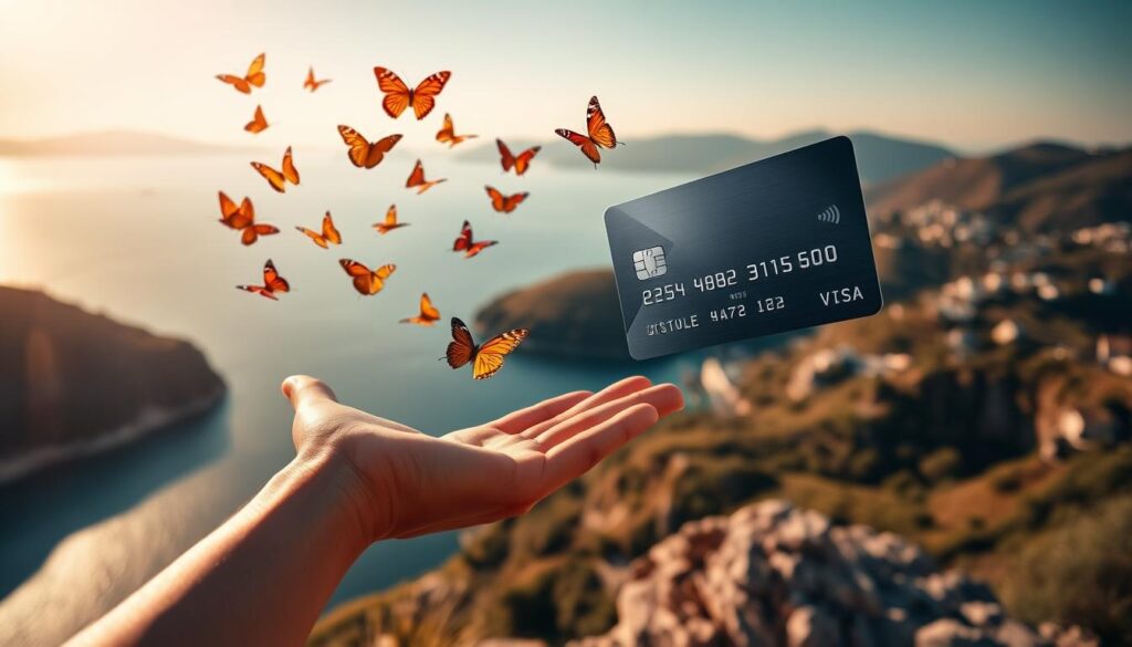 A serene, sun-lit scene of a person standing on a cliff, overlooking a tranquil bay. In the foreground, a hand gently releases a flock of vibrant butterflies, symbolizing the act of redemption. The middle ground features a sleek, modern design of a credit card floating in the air, its metallic surface reflecting the surrounding landscape. In the distance, a picturesque town nestled among rolling hills, hinting at the many possibilities for redeeming rewards. Soft, warm lighting illuminates the scene, creating a sense of harmony and opportunity. The overall atmosphere conveys a feeling of renewal, transformation, and the value of responsible financial choices.