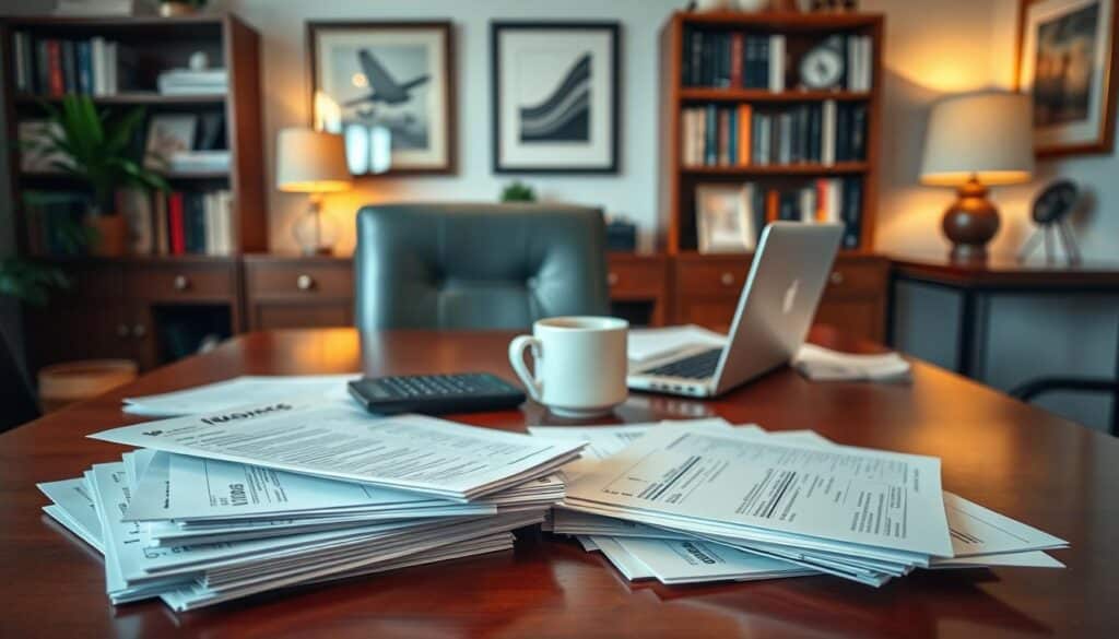 A serene, well-organized home office with tasteful decor and strategic financial documents. In the foreground, a carefully arranged stack of tax forms, invoices, and receipts, illuminated by soft, warm lighting. The middle ground features a laptop, a calculator, and a mug of coffee, all positioned neatly on a polished wooden desk. In the background, bookshelves filled with personal finance guides and framed artwork create a sophisticated, contemplative atmosphere. The overall scene conveys a sense of financial responsibility and smart tax planning, inspiring a feeling of control and stability. A serene, well-organized home office with tasteful decor and strategic financial documents. In the foreground, a carefully arranged stack of tax forms, invoices, and receipts, illuminated by soft, warm lighting. The middle ground features a laptop, a calculator, and a mug of coffee, all positioned neatly on a polished wooden desk. In the background, bookshelves filled with personal finance guides and framed artwork create a sophisticated, contemplative atmosphere. The overall scene conveys a sense of financial responsibility and smart tax planning, inspiring a feeling of control and stability.