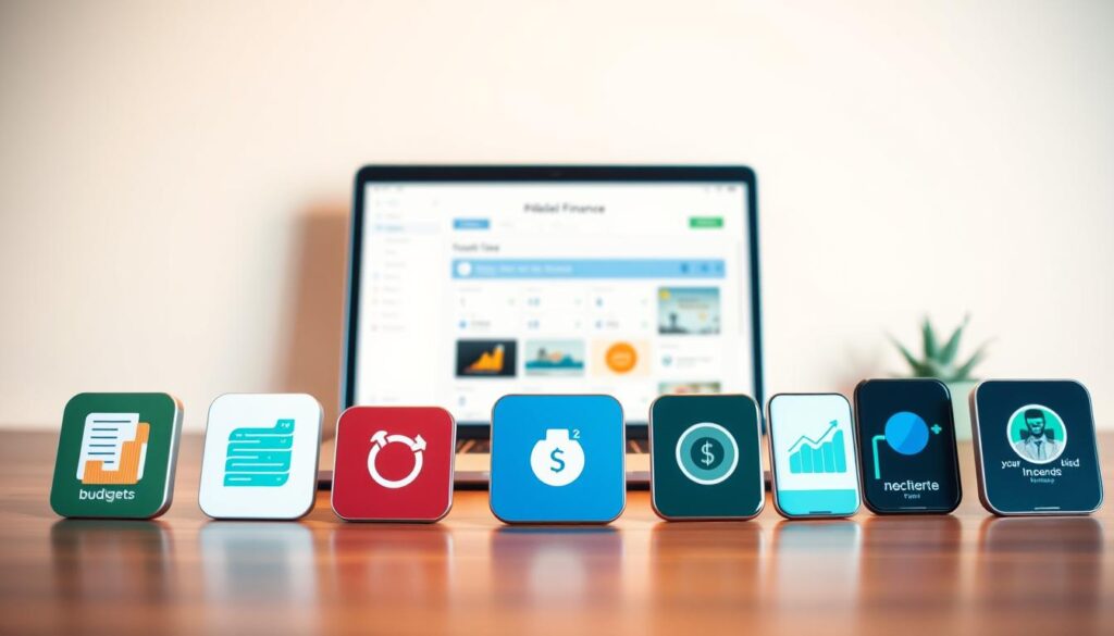 A sleek and modern desktop display showcasing a variety of personal finance apps against a crisp, minimalist backdrop. In the foreground, several app icons are neatly arranged, depicting budgeting, expense tracking, and investment management tools. The middle ground features a laptop or tablet displaying a clean, user-friendly interface for one of the finance apps. The background has a subtle gradient or texture, creating a sense of depth and sophistication. Warm, directional lighting casts a soft, professional glow on the scene, highlighting the apps' intuitive designs and the importance of digital tools for personal financial health. A sleek and modern desktop display showcasing a variety of personal finance apps against a crisp, minimalist backdrop. In the foreground, several app icons are neatly arranged, depicting budgeting, expense tracking, and investment management tools. The middle ground features a laptop or tablet displaying a clean, user-friendly interface for one of the finance apps. The background has a subtle gradient or texture, creating a sense of depth and sophistication. Warm, directional lighting casts a soft, professional glow on the scene, highlighting the apps' intuitive designs and the importance of digital tools for personal financial health.