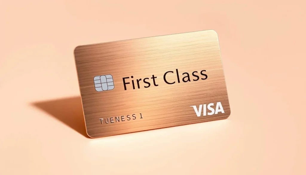A sleek and sophisticated credit card made of brushed metal, reflecting a warm, ambient light. The card's surface features the bold "TD First Class Visa Infinite" logo, elegantly embossed and accented with subtle metallic highlights. The card is positioned on a minimalist, matte background, creating a clean and modern composition that emphasizes the card's premium design and high-end feel. The overall scene conveys a sense of exclusivity, quality, and the aspirational lifestyle associated with this prestigious financial product.