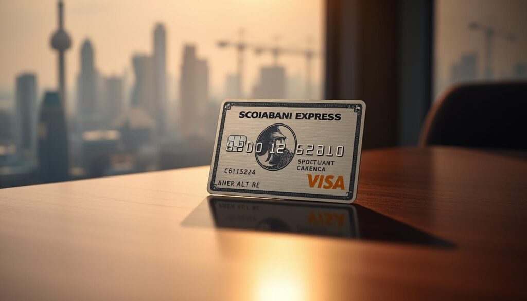 A sleek, metal credit card with the Amex logo prominently displayed, casting a subtle reflection on a polished, dark wooden surface. The card is bathed in warm, directional lighting, creating dynamic shadows that emphasize its elegant, minimalist design. In the background, a hazy, out-of-focus cityscape with skyscrapers and cranes suggests an urban, cosmopolitan setting, evoking the card's focus on international travel and commerce. The overall mood is one of sophistication, modernity, and financial empowerment, perfectly capturing the "no foreign transaction fees" and "travel perks" positioning of the Scotiabank Gold Amex Card.