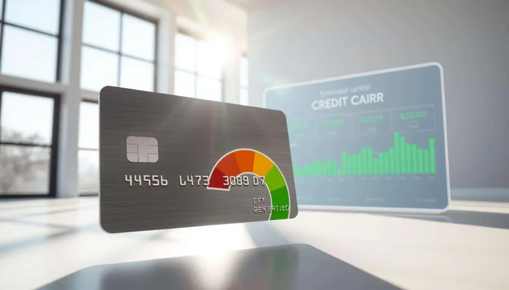 A sleek, modern credit card made of brushed metal and glass floats in a bright, minimalist space. Sunlight streams through large windows, creating dramatic highlights and shadows. In the foreground, a pie chart displays an increasing credit score, its segments transitioning from red to green. Behind the card, a virtual dashboard shows credit-boosting metrics like on-time payments, debt reduction, and credit utilization. The overall scene conveys a sense of control, progress, and financial empowerment.