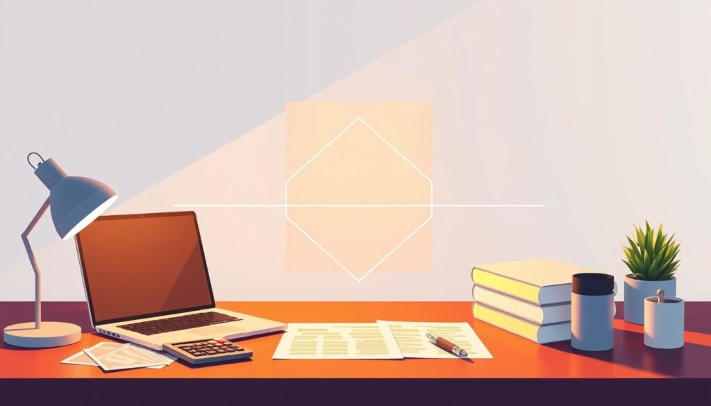 A sleek, modern illustration depicting "above-the-line deductions" for tax optimization. A stylized desktop scene with a laptop, calculator, and financial documents in the foreground, illuminated by warm, directional lighting. In the middle ground, a transparent geometric form representing the "above-the-line" concept, hovering above the desktop items. The background features a minimalist, gradient-based color scheme, conveying a sense of organization and efficiency. The overall composition and visual language should evoke a professional, high-return tax strategy, aligning with the article's "Optimizing Deductions and Credits for Higher Returns" section. A sleek, modern illustration depicting "above-the-line deductions" for tax optimization. A stylized desktop scene with a laptop, calculator, and financial documents in the foreground, illuminated by warm, directional lighting. In the middle ground, a transparent geometric form representing the "above-the-line" concept, hovering above the desktop items. The background features a minimalist, gradient-based color scheme, conveying a sense of organization and efficiency. The overall composition and visual language should evoke a professional, high-return tax strategy, aligning with the article's "Optimizing Deductions and Credits for Higher Returns" section.