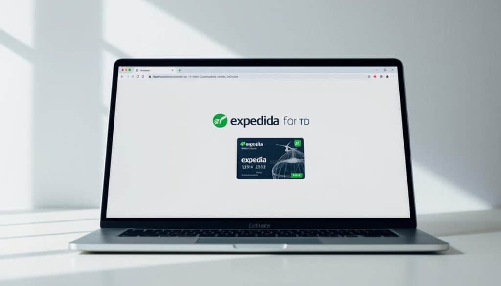 A sleek, modern laptop screen displaying the Expedia for TD website interface. The screen is set against a clean, minimalist backdrop, with a subtle gradient or textured surface in the background. The interface showcases the Expedia for TD branding, with clear navigation options and a prominent "Activate" button. The lighting is soft and natural, creating a sense of simplicity and elegance. The camera angle is slightly elevated, providing a clear and unobstructed view of the screen. The overall mood is one of efficiency, professionalism, and the effortless activation of the Expedia for TD offer.